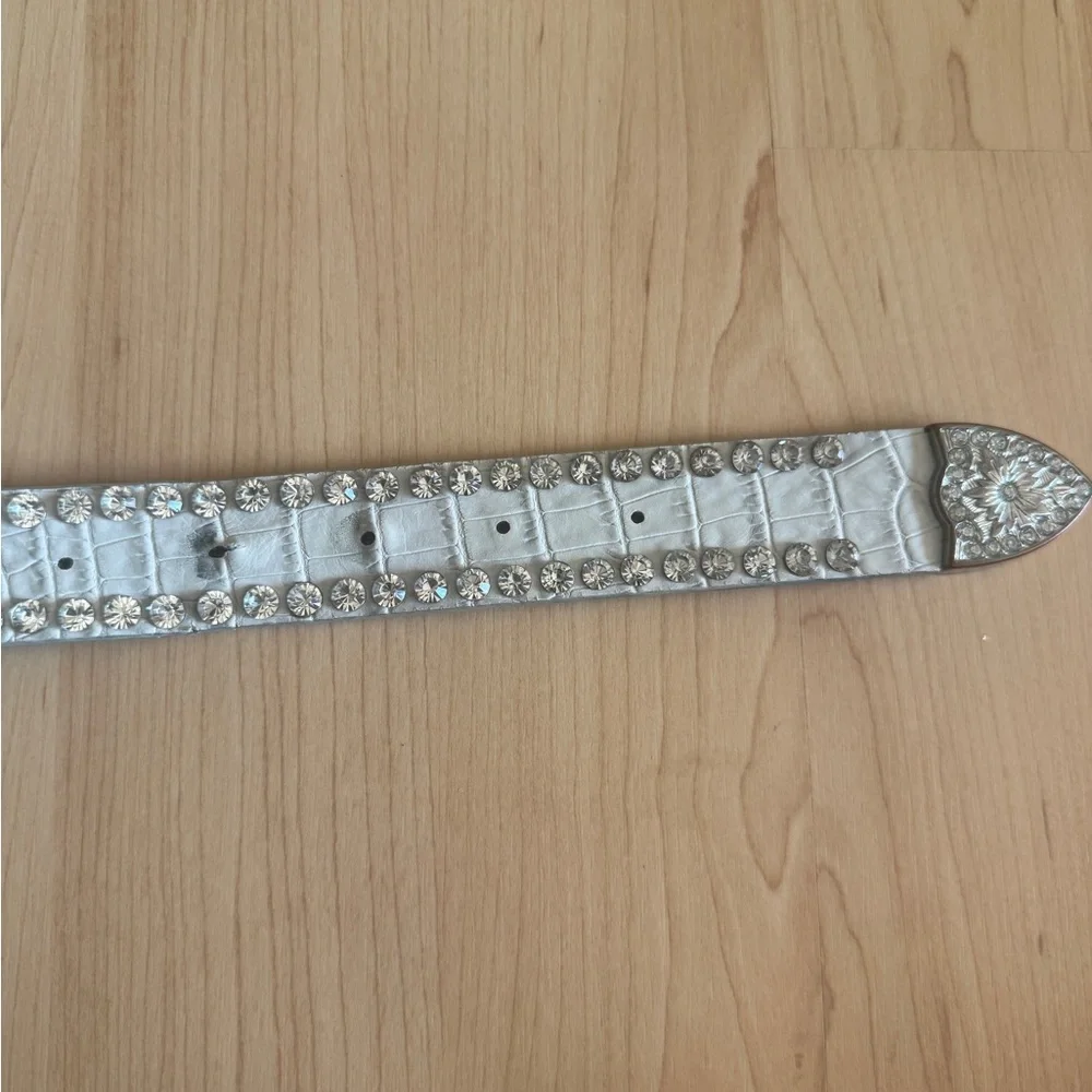 Women’s Beige Leather Belt, Western Bling Rhinestone Cowgirl Rodeo, Est. Size M